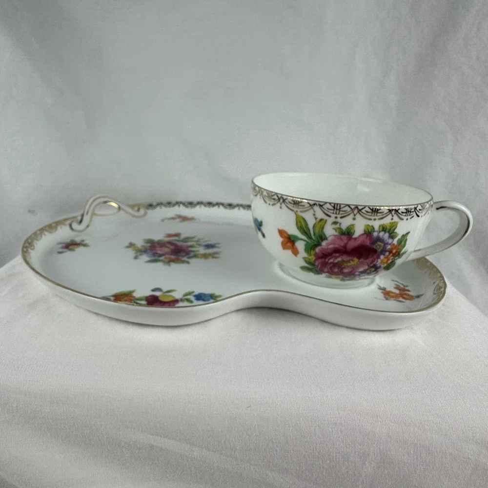 Vintage Noritake Porcelain Snack Set Pink Cabbage Rose Morimura